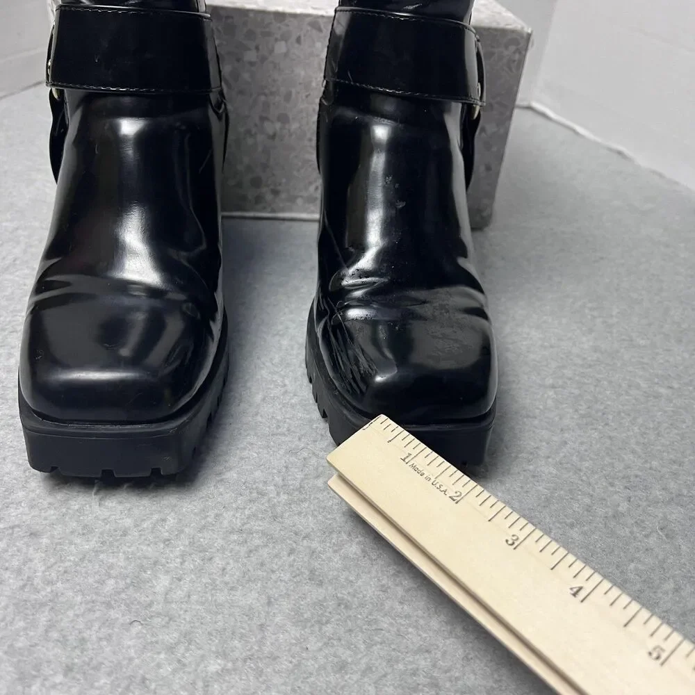 ShoeDazzle Enslee Boots Womens 7.5 Black Harness Lug Sole Block Heel Moto Style - Picture 13 of 13